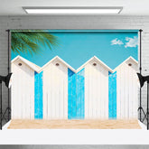Aperturee - Aperturee Summer Beach Blue White Hut Palm Trees Photo Backdrop